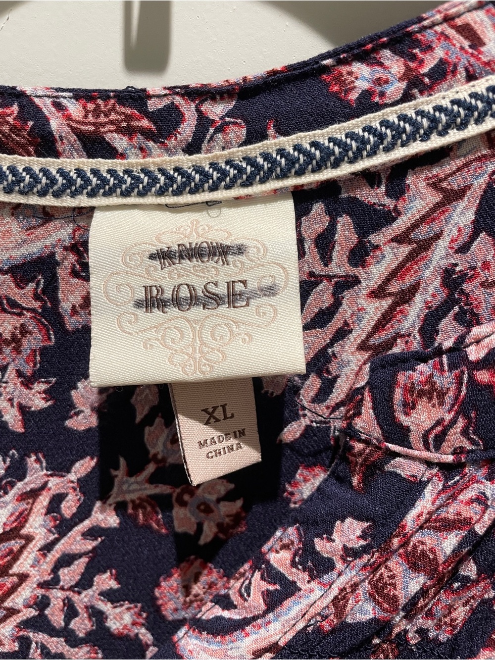 Knox Rose Boho Western Floral Navy Blue Pink Cream Peasant Blouse Top Size XL - Picture 2 of 3